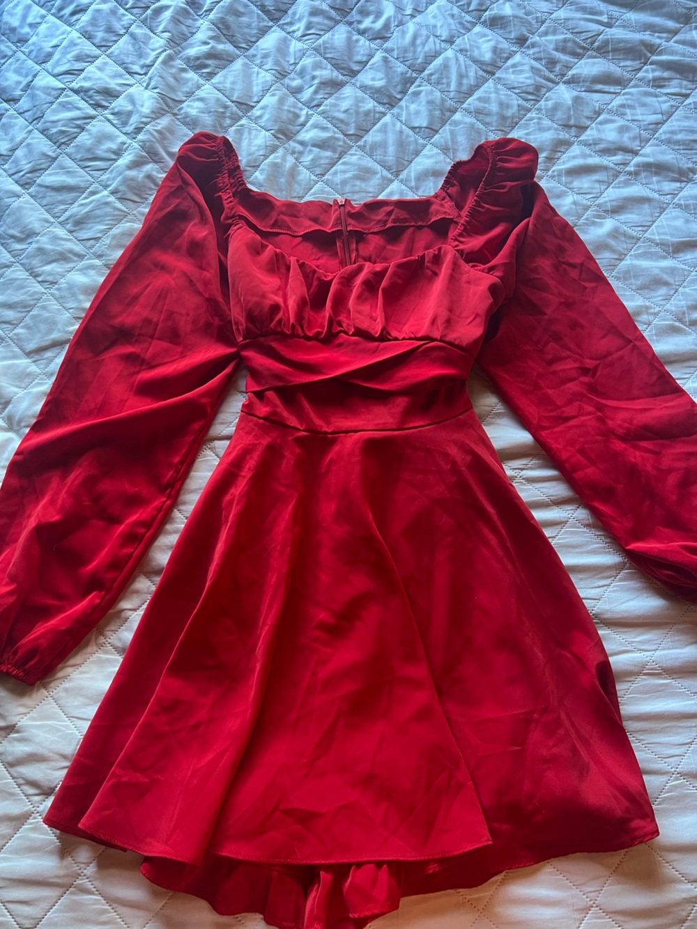 Red Long-Sleeve Ruffled Waist Dress